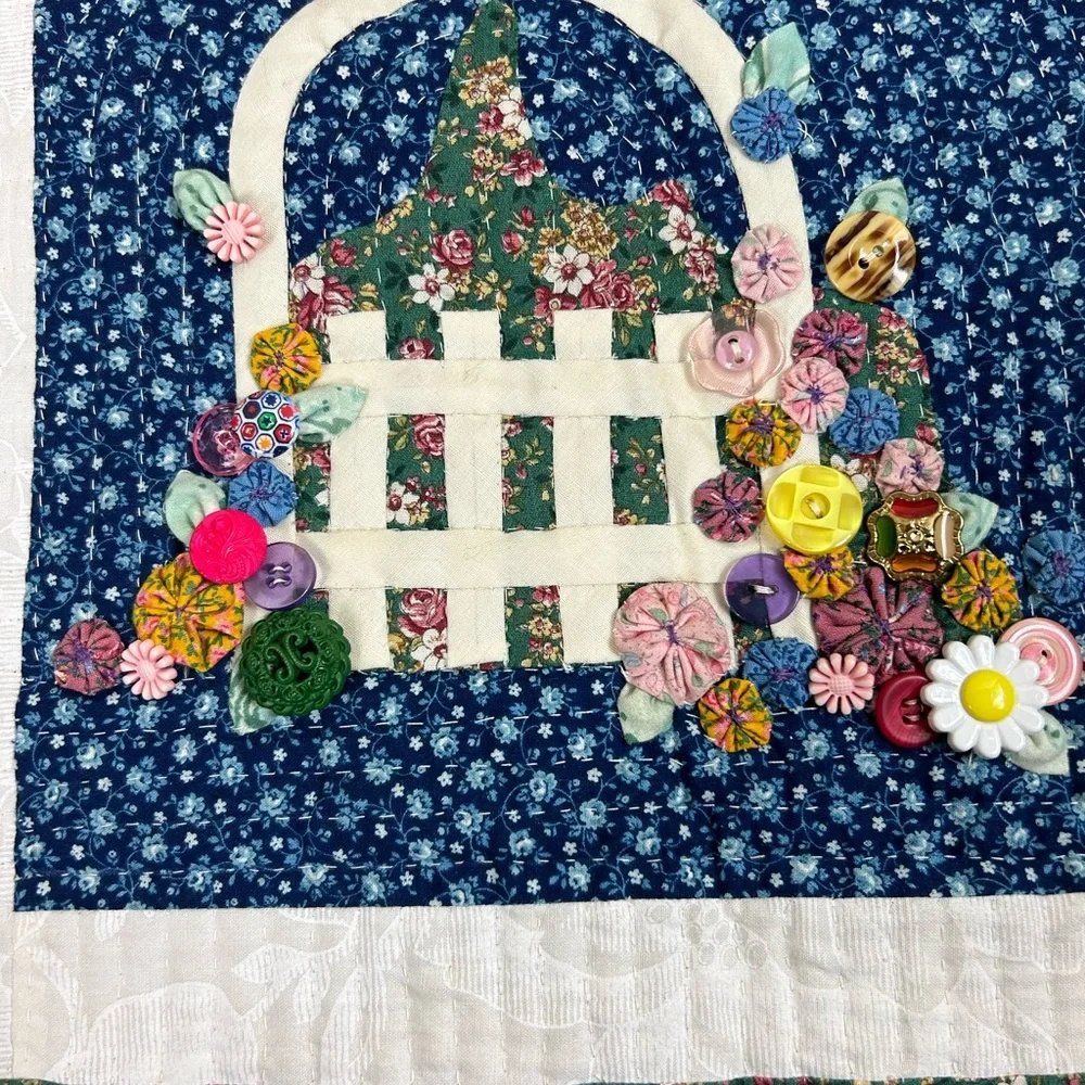 Cottagecore Flower Basket with Buttons Handmade Quilted Fabric Hanging Wall Art